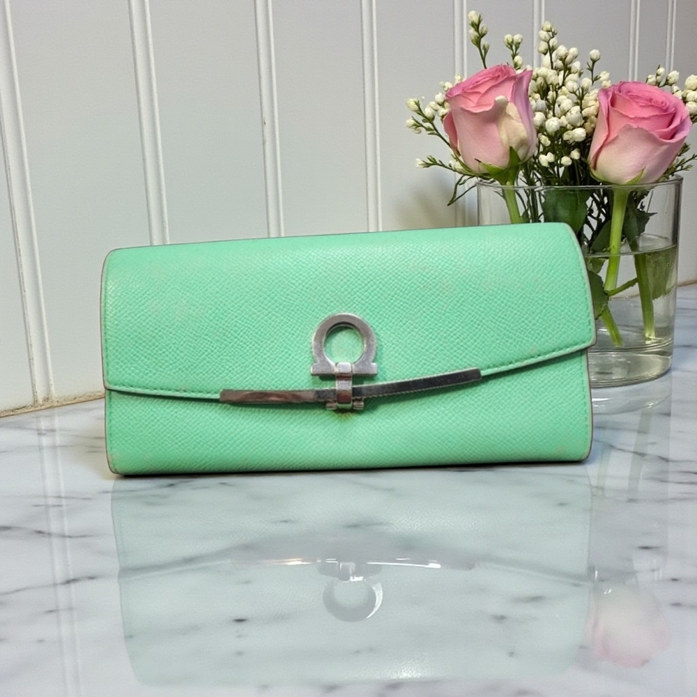 Authentic Salvatorre Ferragamo Mint Green Clutch Wallet W/ Card Holder